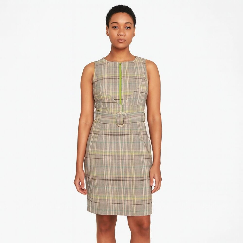 Amelia New york plaid sheath career belted Sleeveless knee length dress Size 8